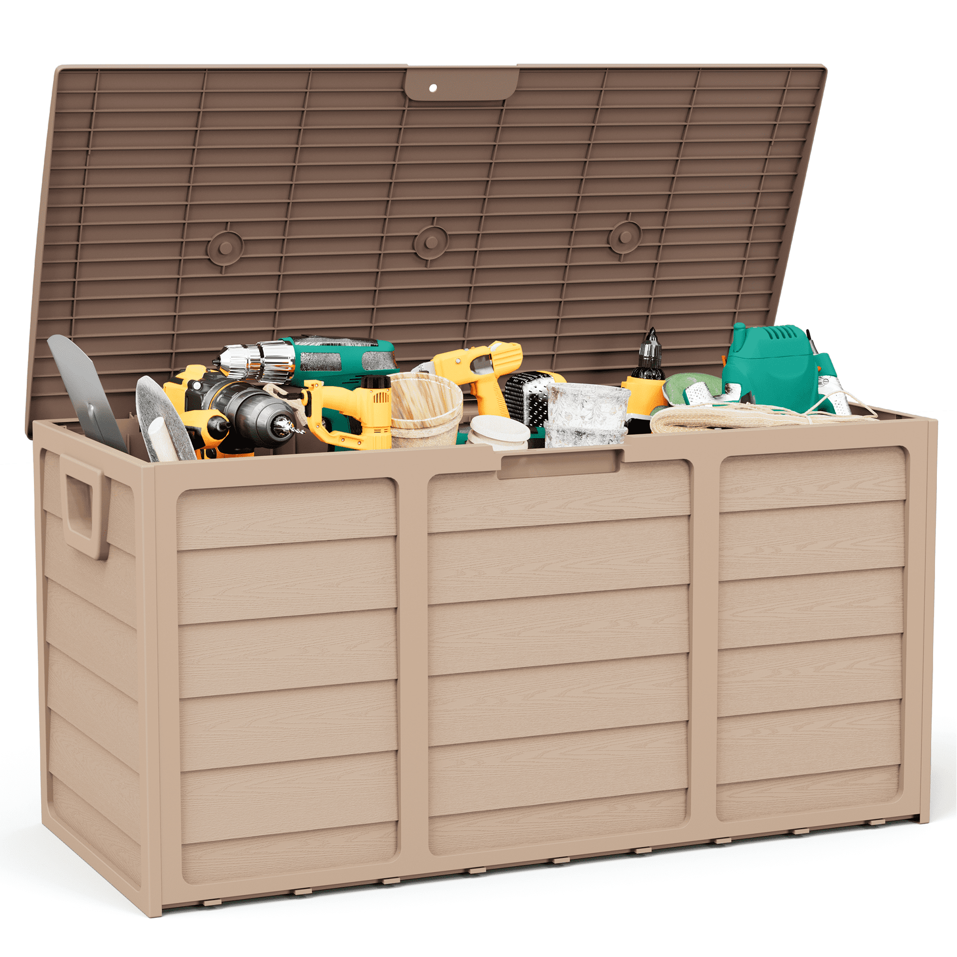 Marknig 75 Gallon Deck Box, Indoor Outdoor Storage Box for Patio Furniture, Pool Accessories, Garden Tools, Sports Equipment, Waterproof Resin Rattan Box with Lockable Lid and Side Handles, Brown