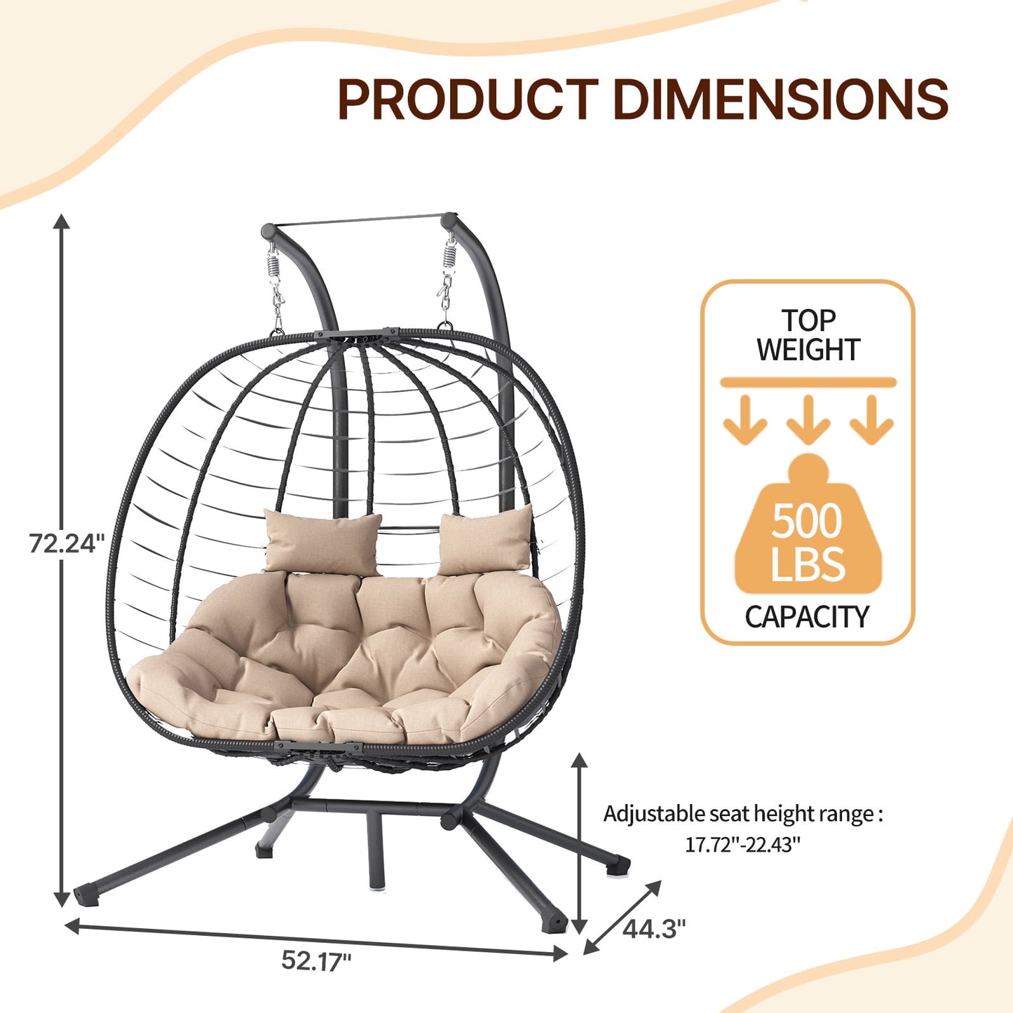 ELPOSUN Double Wicker Swing Egg Chair 2 Person Foldable Hanging Egg Chair with Stand, Porch Swing Loveseat for Patio, Balcony, Porch, Indoor, Outdoor, Black/Beige