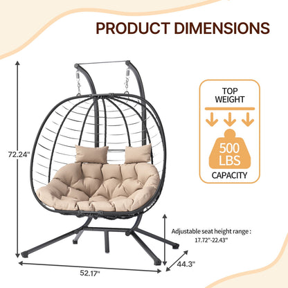 ELPOSUN Double Wicker Swing Egg Chair 2 Person Foldable Hanging Egg Chair with Stand, Porch Swing Loveseat for Patio, Balcony, Porch, Indoor, Outdoor, Black/Beige