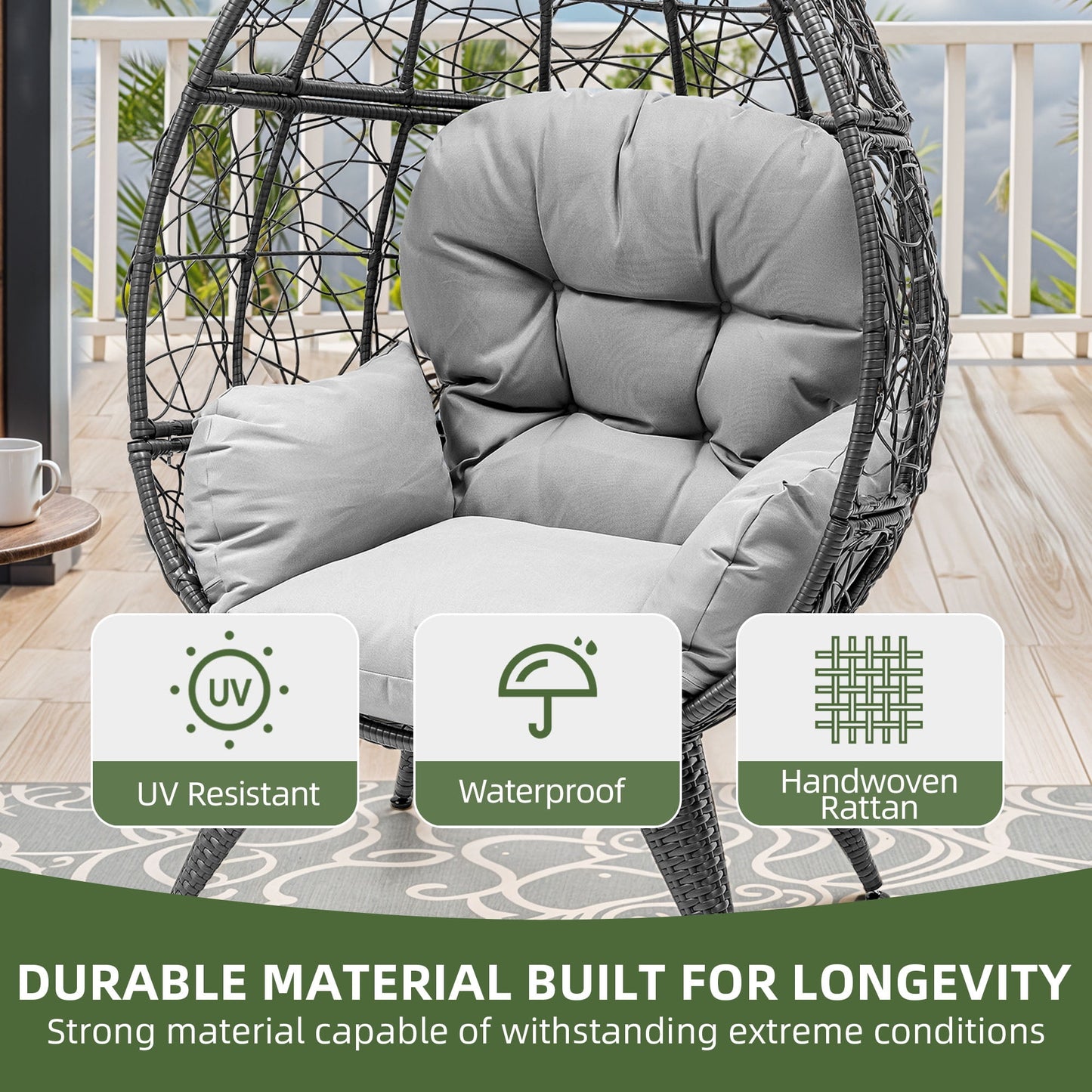 Uforic Oversized Wicker Egg Chair with Stand & Cushion, 330 Lb Capacity for Garden and Balcony, Gray