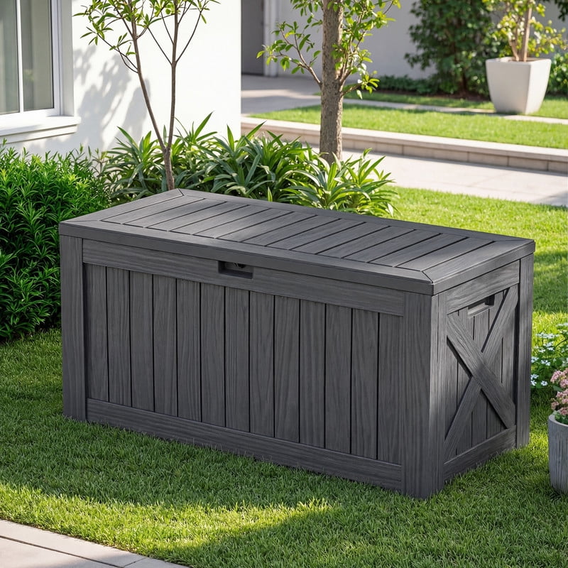 Devoko 122 Gallon Outdoor Patio Box Deck Plastic Resin Storage Box Backyard, Dark Grey