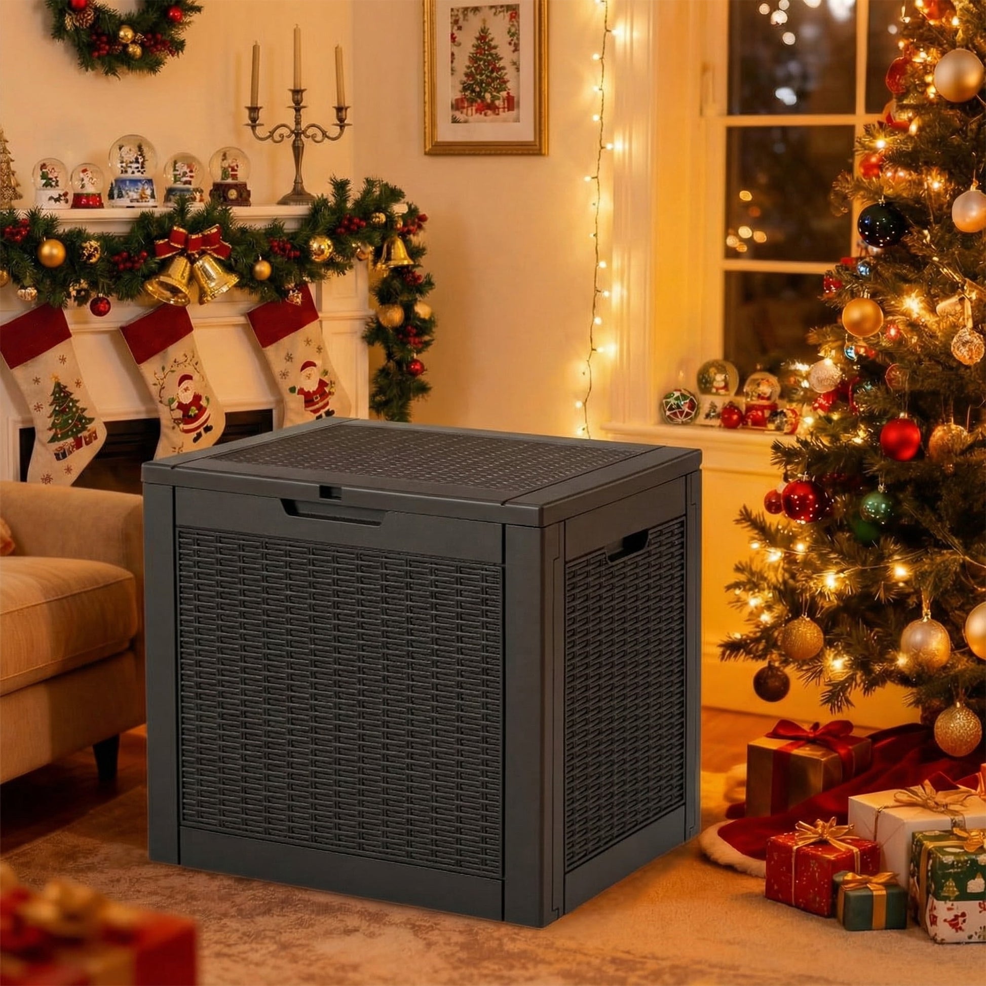 edx 31 Gallon Outdoor Storage Box, Wicker Pattern Resin Deck Box with Lockable Lid & Built-in Handles, 170 Lbs Capacity Storage Bench for Indoor/Outdoor Use, Black