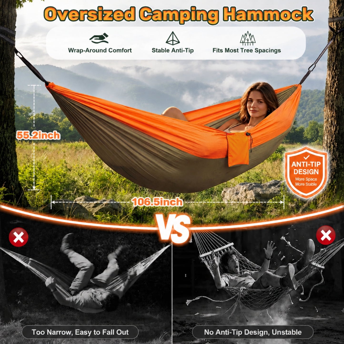 NOCOEX Camping Hammock 440lbs with Two 10ft Tree Straps, 2 D-Carabiners & Side Pocket, Parachute Nylon Portable Lightweight Hammock for Travel, Hiking, Backpacking, Beach (Orange)