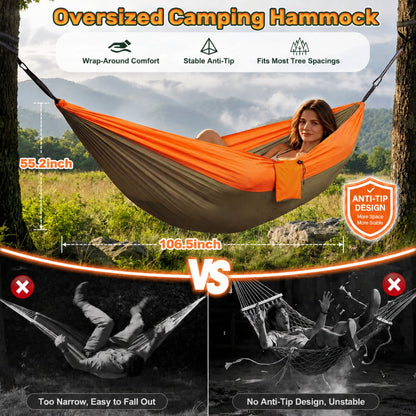 NOCOEX Camping Hammock 440lbs with Two 10ft Tree Straps, 2 D-Carabiners & Side Pocket, Parachute Nylon Portable Lightweight Hammock for Travel, Hiking, Backpacking, Beach (Orange)