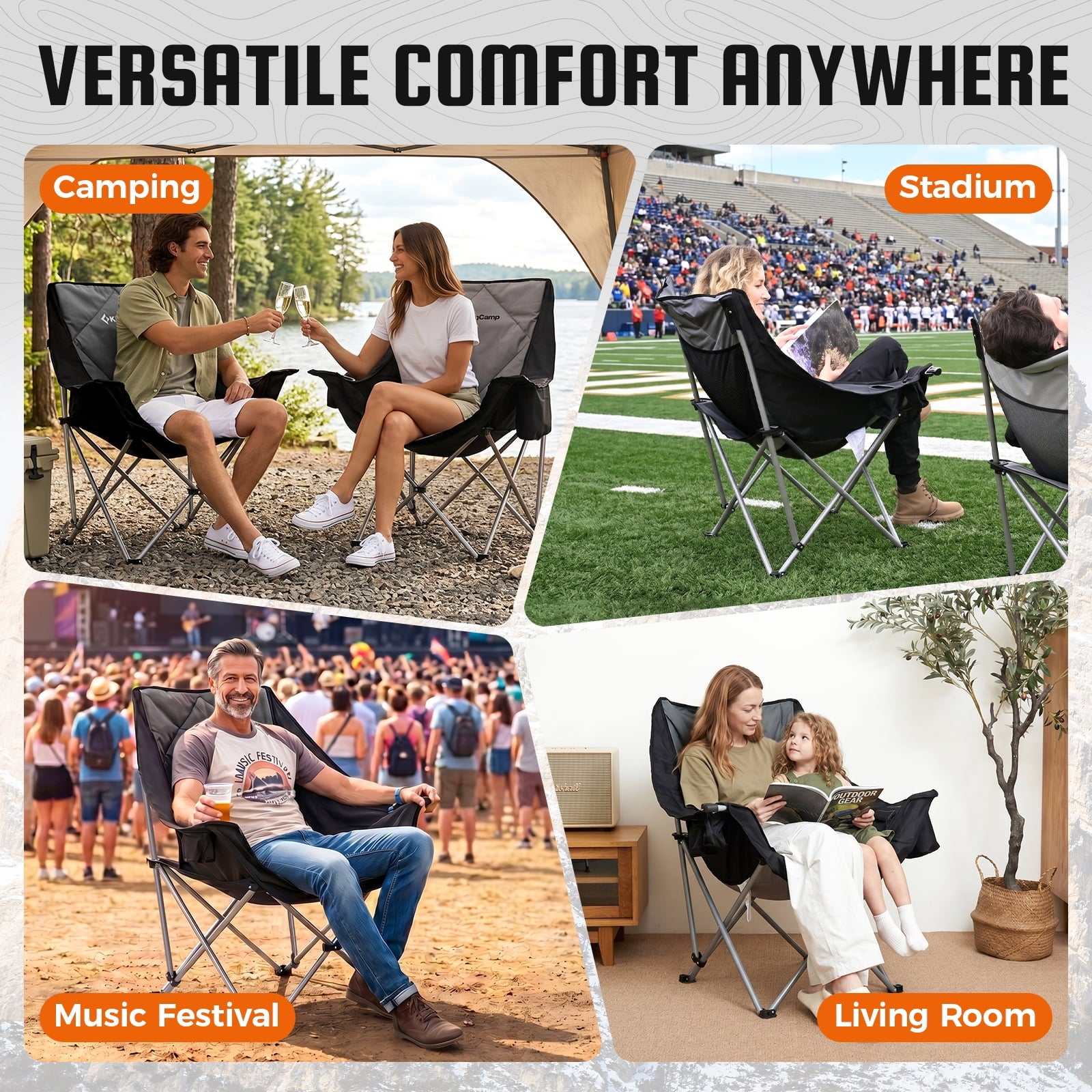 KingCamp Padded Camping Chairs for Adults, Oversized Folding Camping Chair, Heavy Duty Folding Round Camping Chair, Black Dark Grey