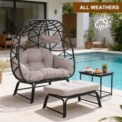 FKSLIFE 2 Person Wicker Egg Chair With Ottoman Cushion Large Egg Basket Chair With Footrest For Outdoor Indoor Patio Balcony Garden
