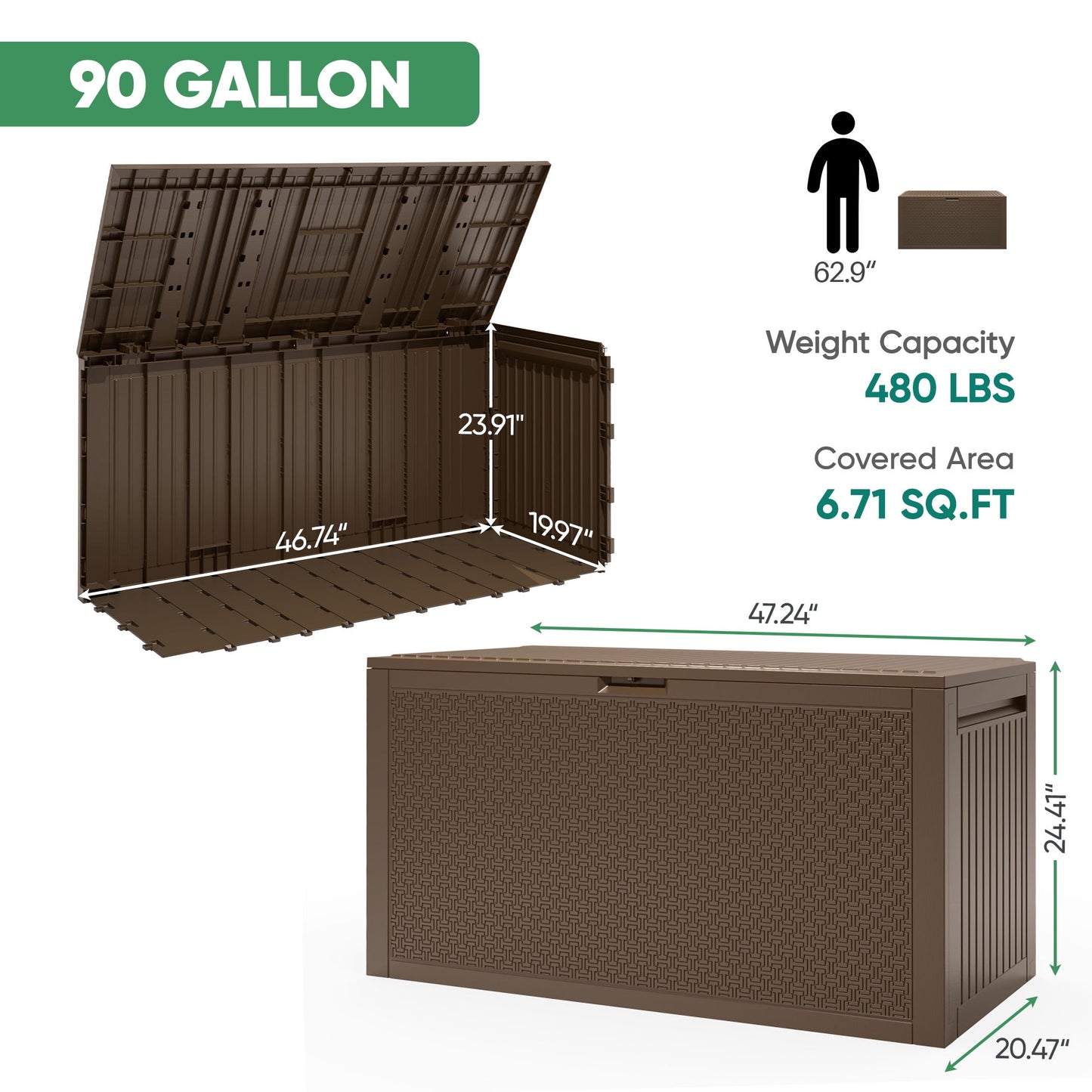 Enyopro 90 Gallon Deck Box, Organization and Storage Box for Patio Furniture Outdoor Cushions, Throw Pillows, Garden Tools and Pool Toys, Brown