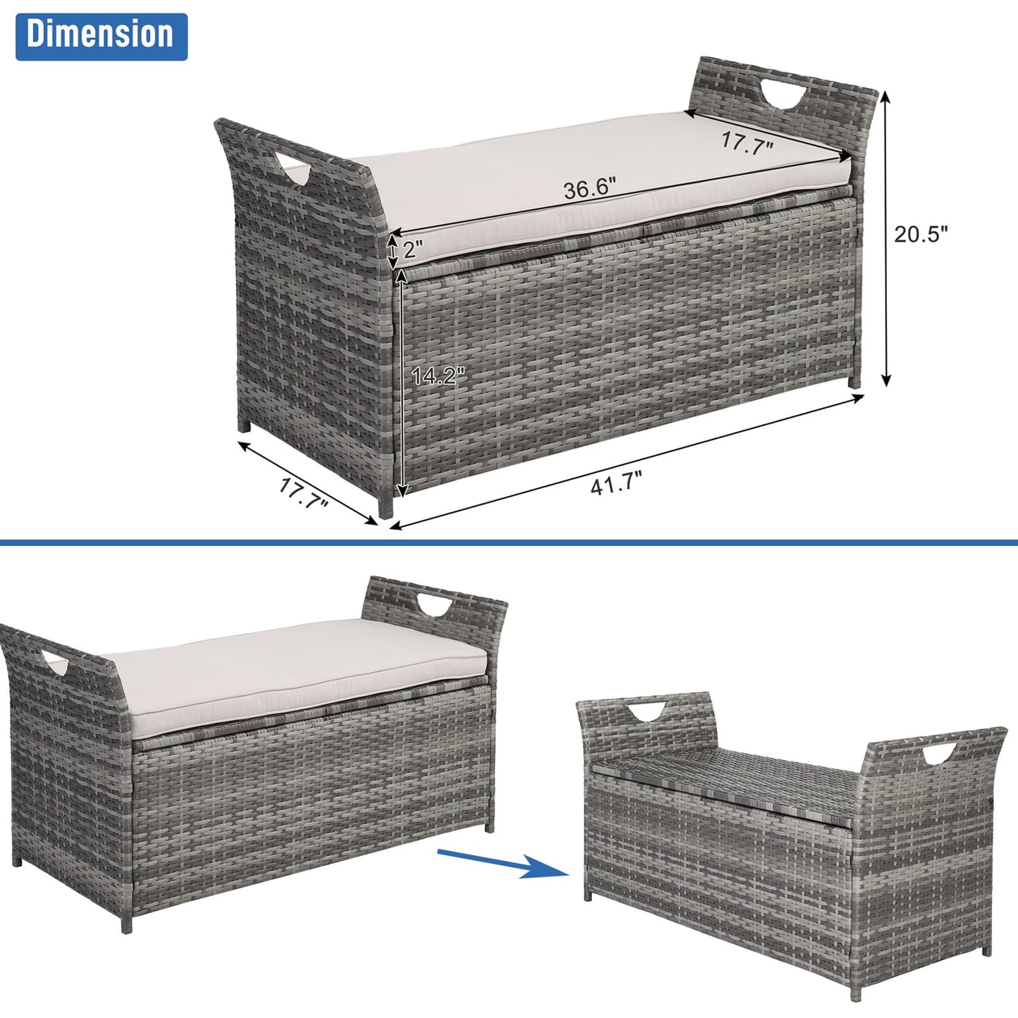 Patio Deck Box, Wicker Outdoor Storage Bench w/Cushion, PE Rattan Patio Storage Furniture with Iron Frame, Cushioned Storage Footstool for Indoor