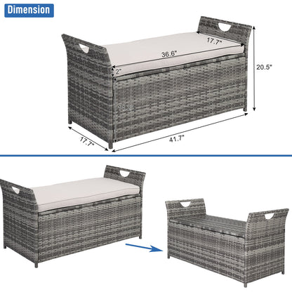 Patio Deck Box, Wicker Outdoor Storage Bench w/Cushion, PE Rattan Patio Storage Furniture with Iron Frame, Cushioned Storage Footstool for Indoor