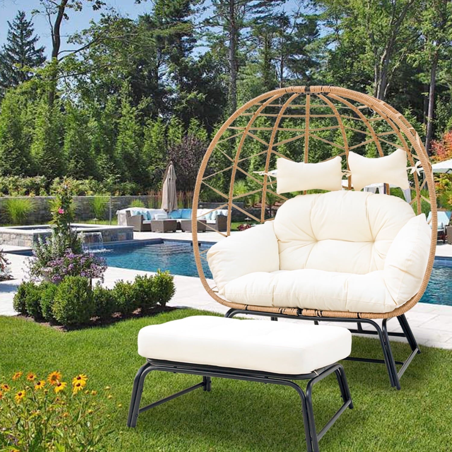 FKS LIFE 2 Person Egg Chair With Ottoman Cushion Large Egg Basket Chair With Footrest For Outdoor Indoor Patio Balcony Garden