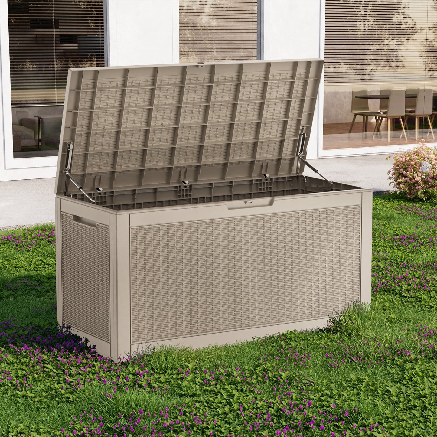 fazzn 100 Gallon Resin Deck Box Outdoor Indoor Waterproof Storage Box for Patio Furniture Pool Accessories Storage for Cushion Garden Tools (Grey pattern)