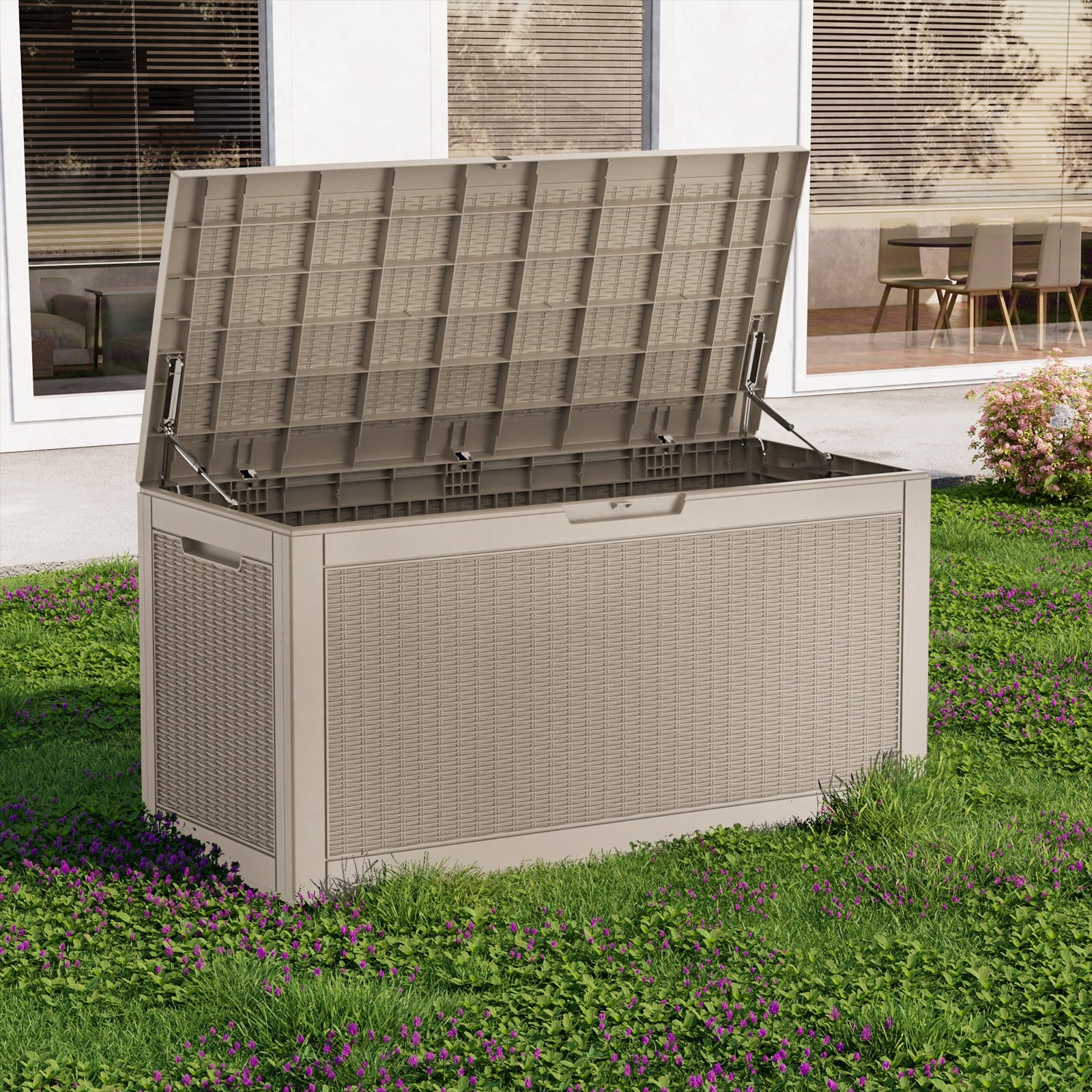 fazzn 100 Gallon Resin Deck Box Outdoor Indoor Waterproof Storage Box for Patio Furniture Pool Accessories Storage for Cushion Garden Tools (Grey pattern)