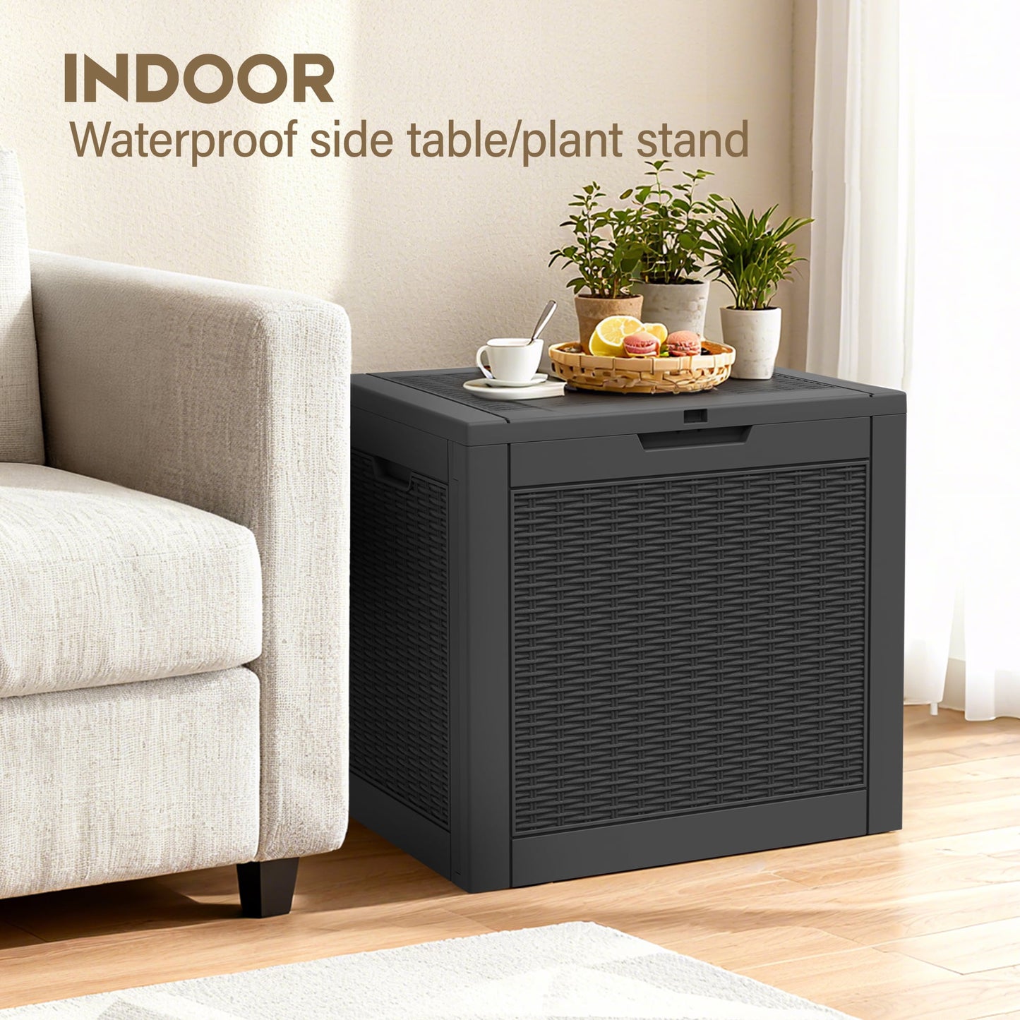 Nihsuao 31-Gallon Outdoor Deck Box, Resin Woven-Pattern Storage Box with Seat, Waterproof and UV Resistant for Garden Tools, Supplies, Toys, Black