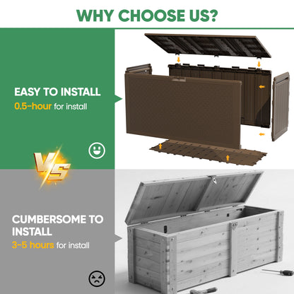 Enyopro 90 Gallon Deck Box, Organization and Storage Box for Patio Furniture Outdoor Cushions, Throw Pillows, Garden Tools and Pool Toys, Brown