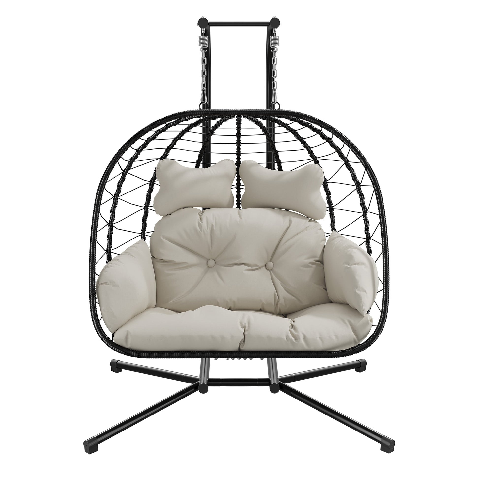 LHBcraft Double Wicker Swing Egg Chair Hammock Foldable Hanging Loveseat with Stand, UV Resistant Removable Cushions, 700LBS Capacity for Bedroom, Balcony (Black and Beige)