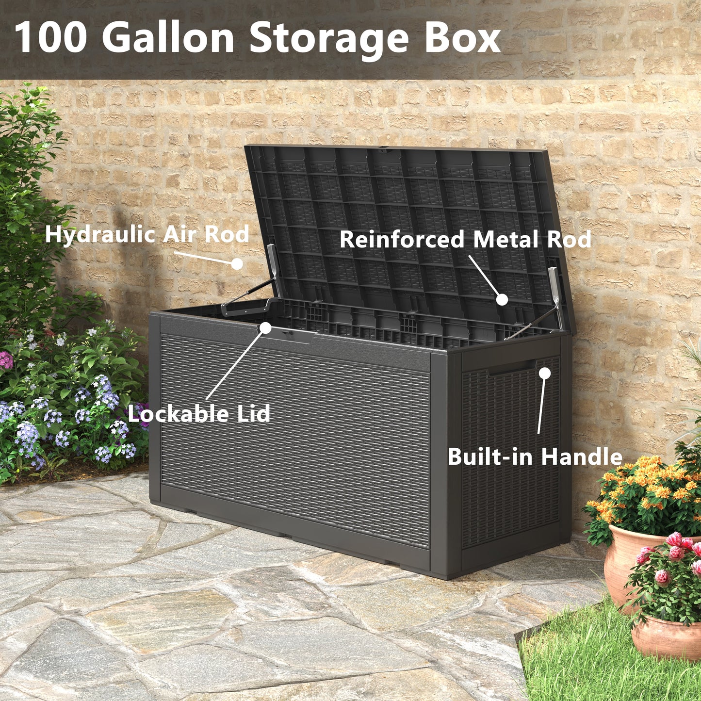 Bifanuo 100 Gallon Lockable Deck Box - Outdoor Patio Storage - Black