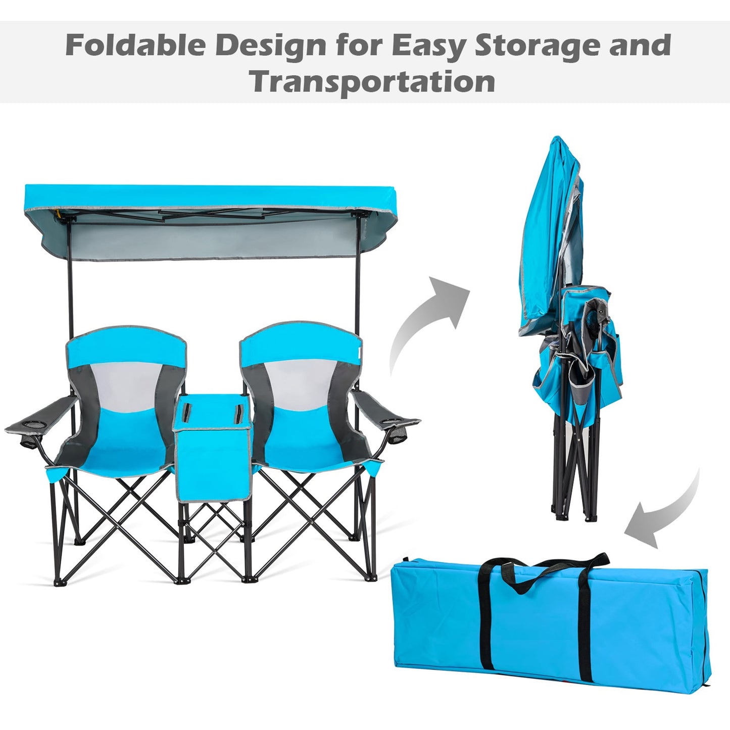 Gymax Folding 2-person Camping Chairs Double Sunshade Chairs w/ Canopy Patented Blue