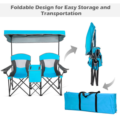 Gymax Folding 2-person Camping Chairs Double Sunshade Chairs w/ Canopy Patented Blue