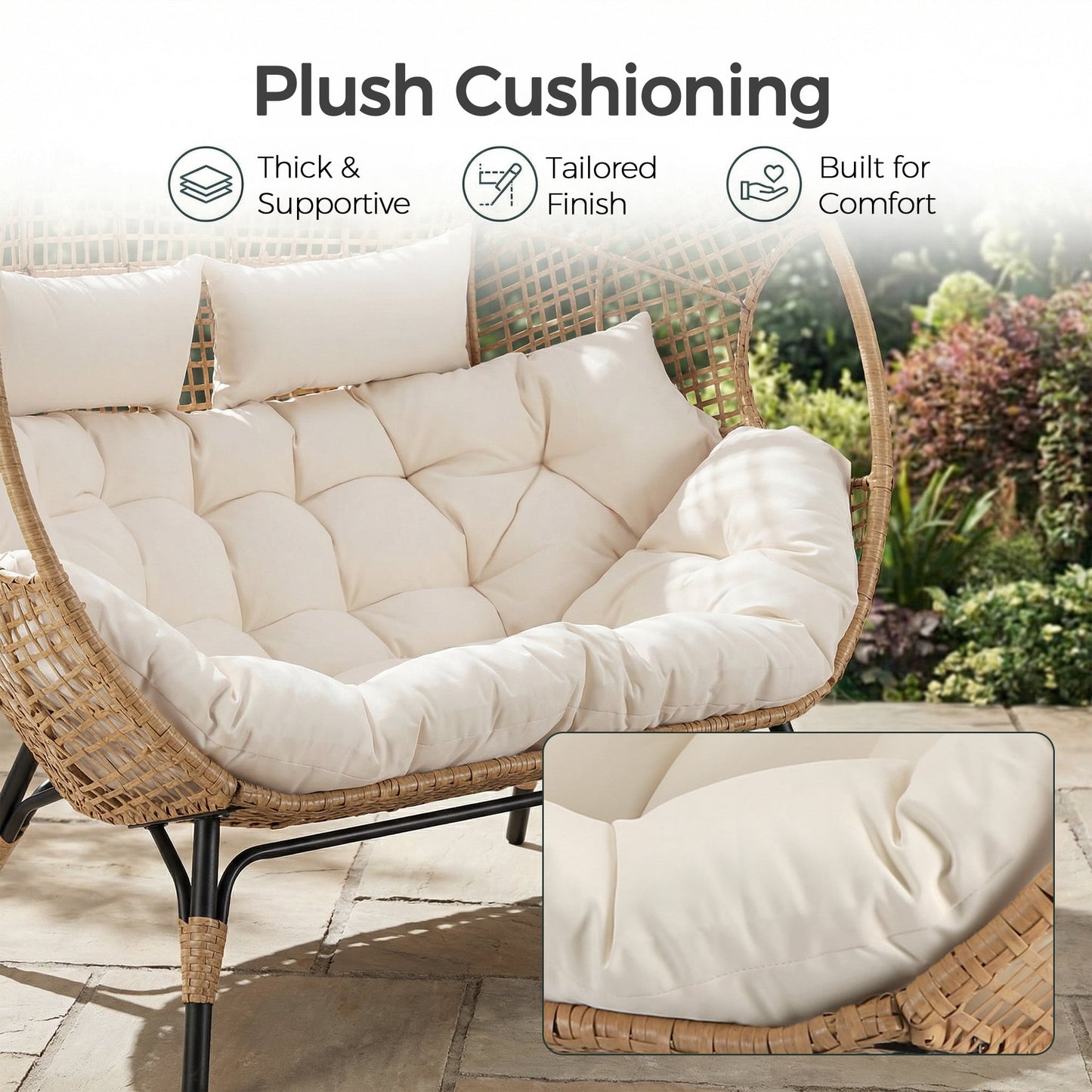 RADIATA Double Egg Chair for 2 Person, Oversized Wicker Loveseat with Thick Cushions, Indoor Outdoor Stationary Patio Lounge Chair for Balcony, Garden, Beige
