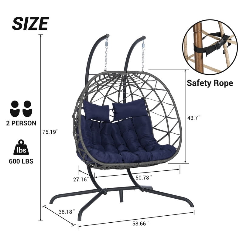 Double Swing Egg Chair with Stand, 2 Person Indoor Outdoor Wicker Loveseat, Oversized Patio Hanging Basket Chair with Cushions, Cozy Sturdy Porch Swing for Backyard