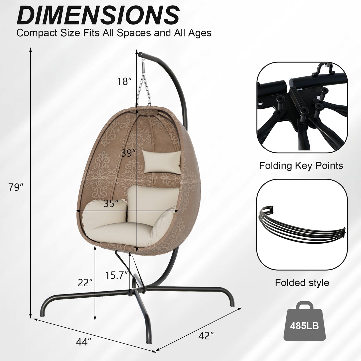 ALAULM Foldable Egg Chair with Stand, 485LBS Capacity Textilene Hammock Swing Chair for Outdoor & Indoor, Patio Hanging Chair with Strong Frame & UV Resistant Cushion for Balcony, Bedroom, Cream/D2