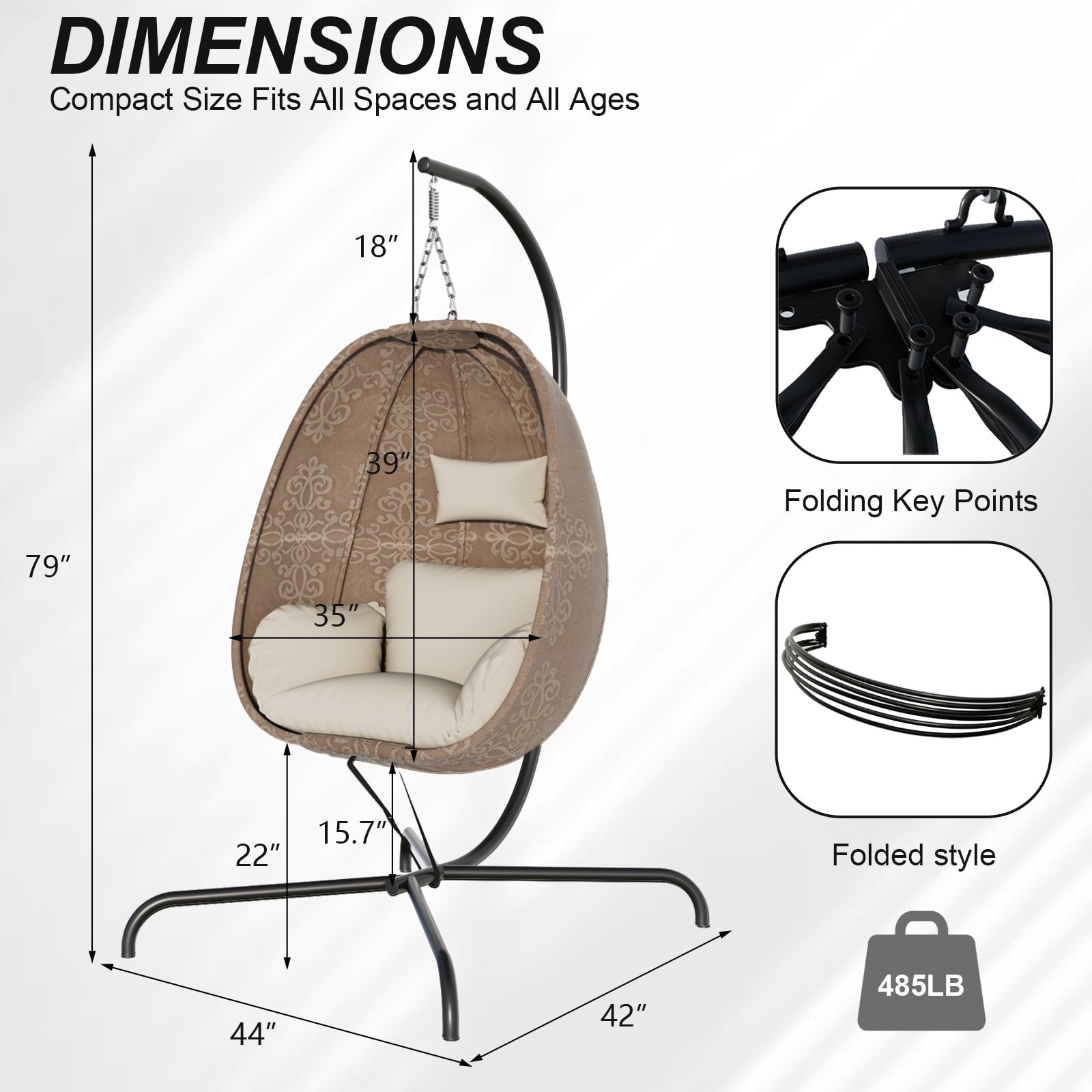 ALAULM Foldable Egg Chair with Stand, 485LBS Capacity Textilene Hammock Swing Chair for Outdoor & Indoor, Patio Hanging Chair with Strong Frame & UV Resistant Cushion for Balcony, Bedroom, Cream/D2
