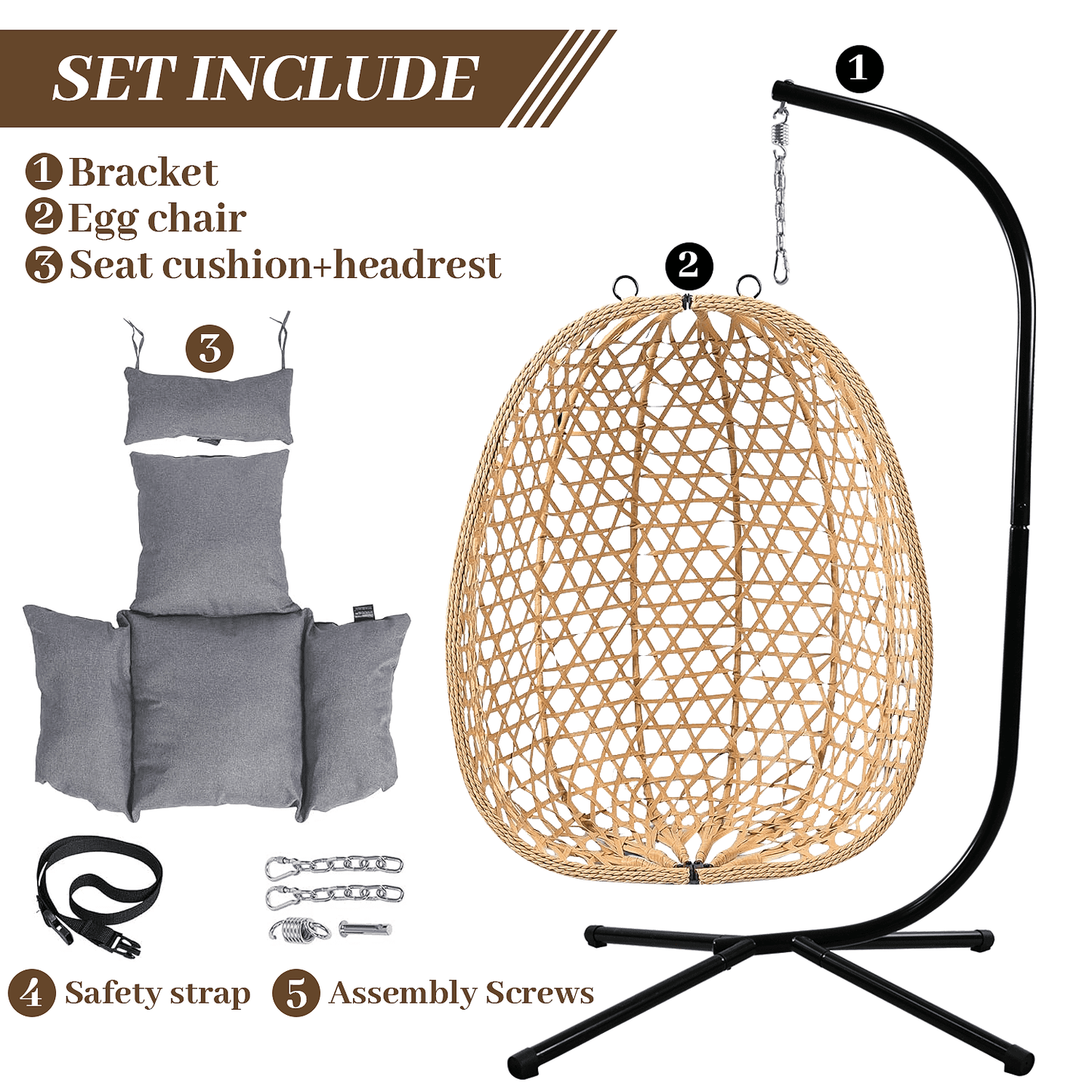 All-Weather Rattan Hanging Egg Chair with Stand & Cushions - Indoor/Outdoor Swing Chair for Patio Balcony Garden - Grey