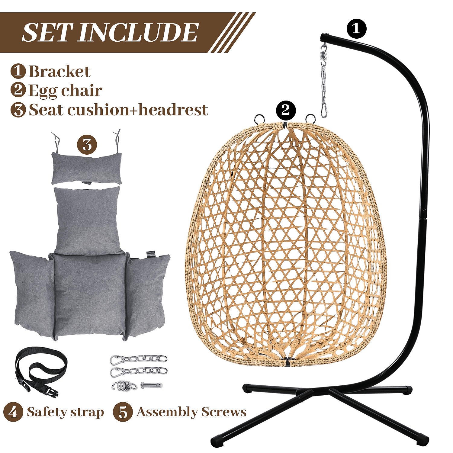 All-Weather Rattan Hanging Egg Chair with Stand & Cushions - Indoor/Outdoor Swing Chair for Patio Balcony Garden - Grey