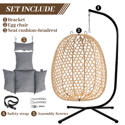 All-Weather Rattan Hanging Egg Chair with Stand & Cushions - Indoor/Outdoor Swing Chair for Patio Balcony Garden - Grey