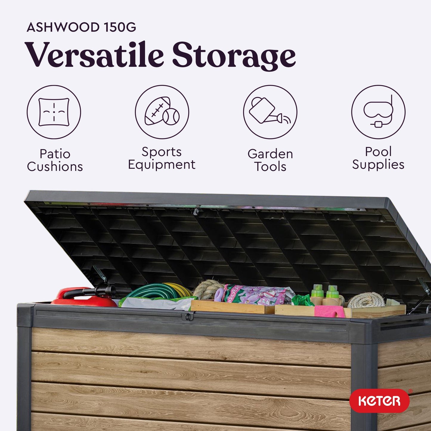 Keter Signature 150 Gallon Durable Weatherproof Resin Deck Box Organization and Storage for Outdoor Patio and Lawn, Ashwood