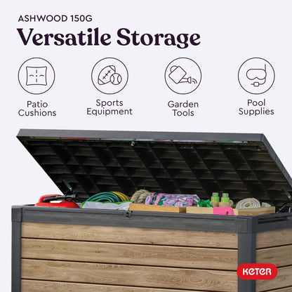 Keter Signature 150 Gallon Durable Weatherproof Resin Deck Box Organization and Storage for Outdoor Patio and Lawn, Ashwood