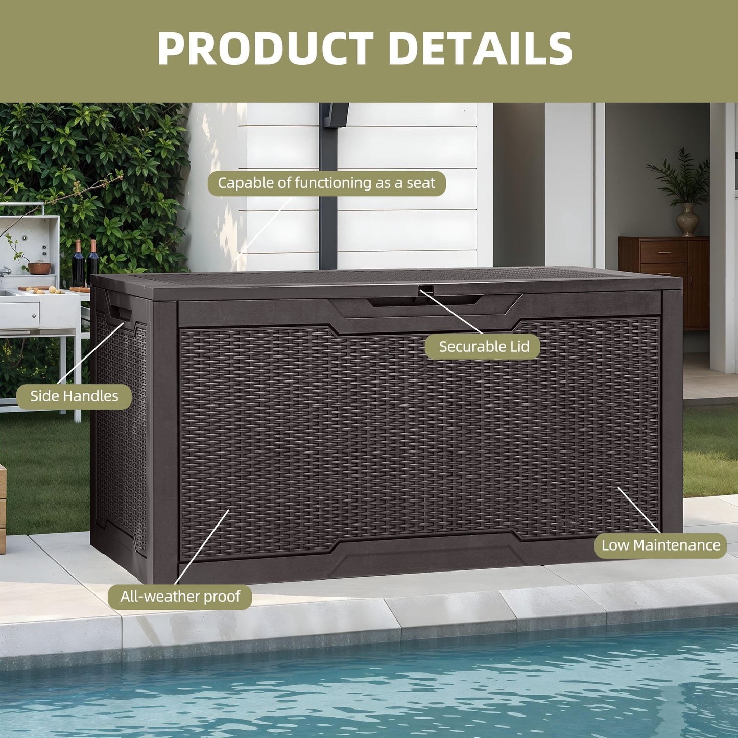 Uforic Lockable 100 Gallon Resin Deck Box, Heavy-Duty Weather Resistant Outdoor Storage Chest, Versatile Storage Solution for Patio Accessories and Daily Essentials, Dark Brown