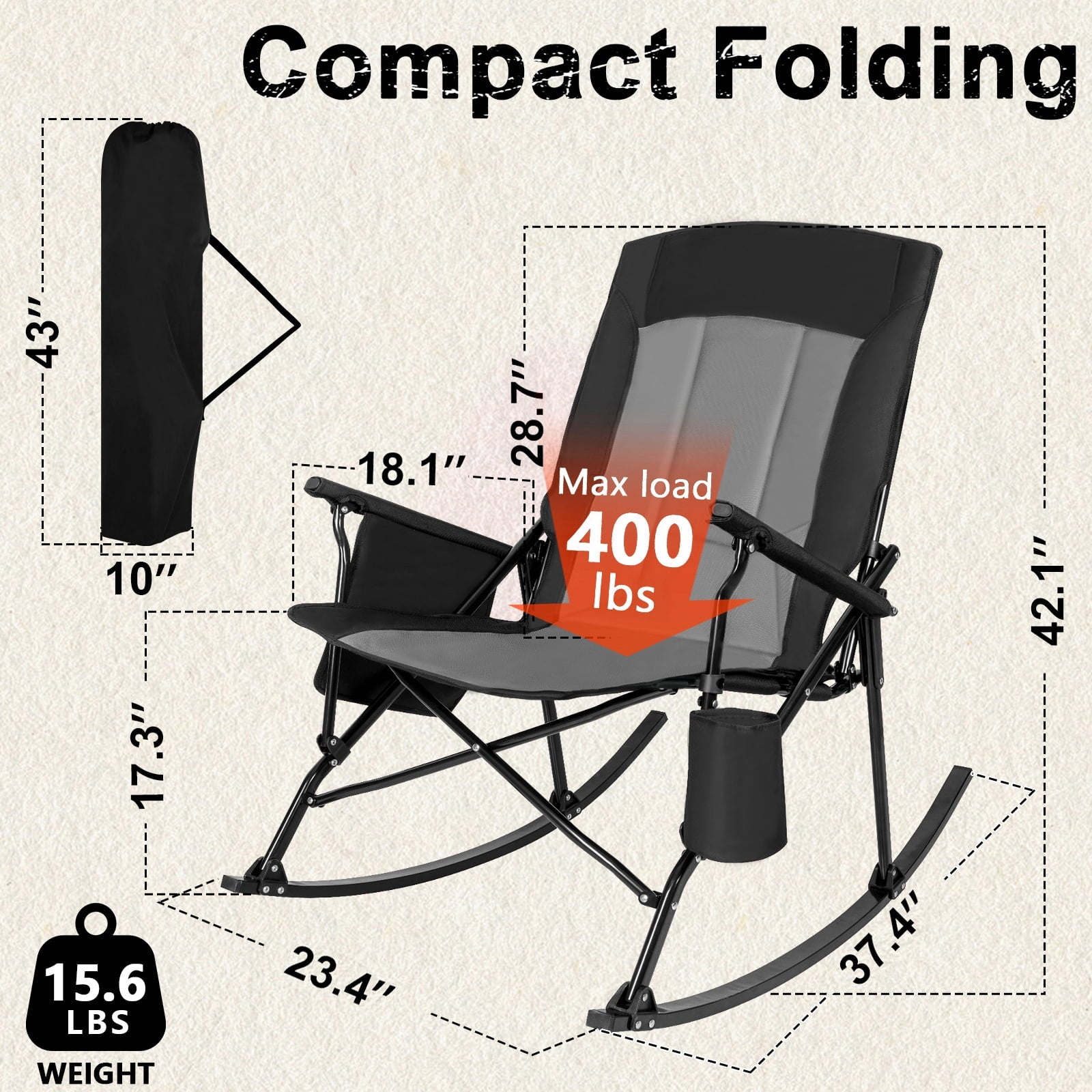 SUNSPIRE Folding Rocking Camping Chair 2-Pack, Heavy Duty Padded Rocker with High Back Hard Armrests for Outdoor Patio Garden