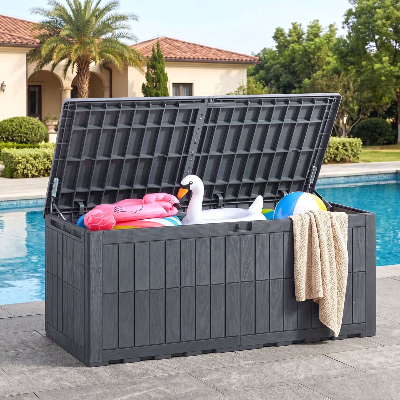 Costway 180 Gal Outdoor Deck Box, All-Weather Lockable Storage Bin with Lid and Handles Gray