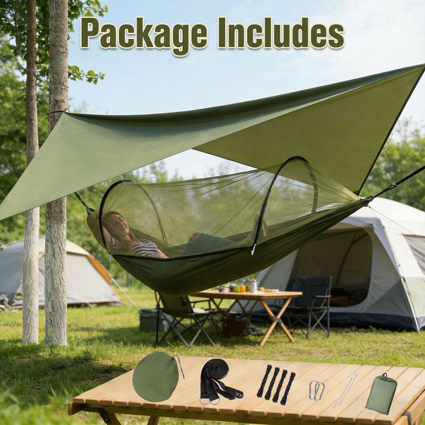 EZBY Camping Hammock with Net & Sunshade Tarp, 2 Person Portable Hammocks for Outside, 661lbs Max Load for Outdoor Camping Hiking Beach Park
