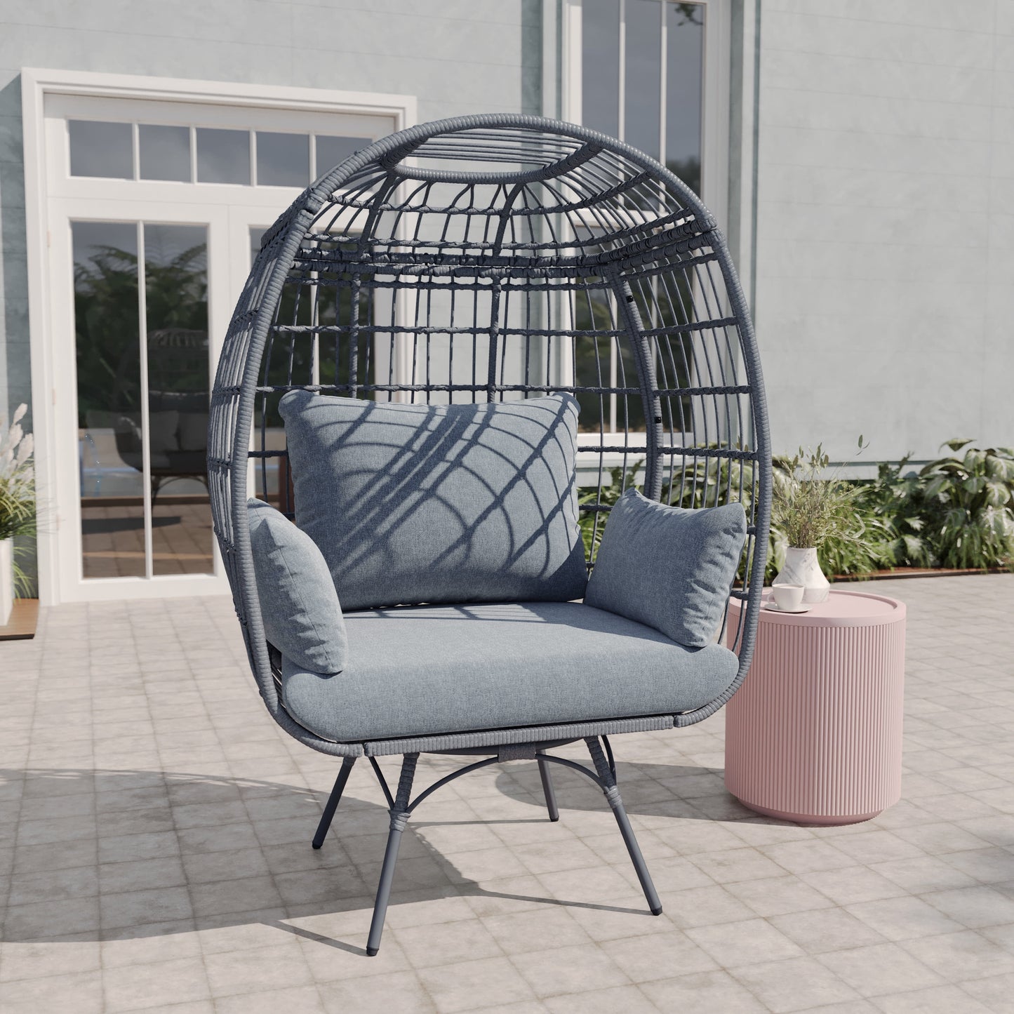 Emma + Oliver Gray/Gray Indoor/Outdoor Oversized Swivel Lounge Egg Chair with Wicker Rattan Construction and 4 Cushions for Patio, Sunroom, or Deck