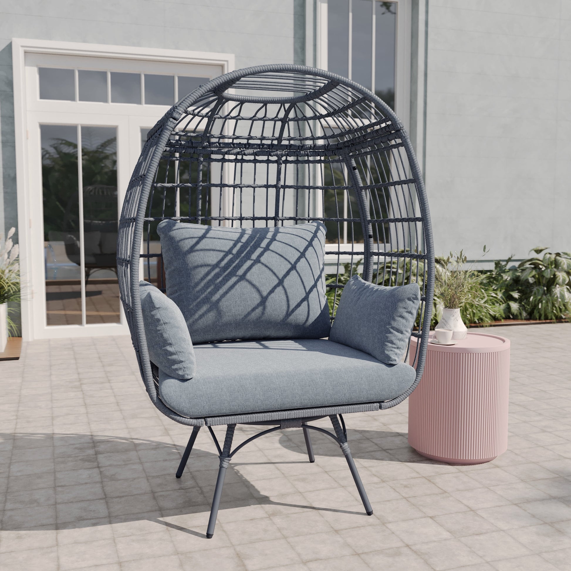 Emma + Oliver Gray/Gray Indoor/Outdoor Oversized Swivel Lounge Egg Chair with Wicker Rattan Construction and 4 Cushions for Patio, Sunroom, or Deck