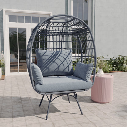 Emma + Oliver Gray/Gray Indoor/Outdoor Oversized Swivel Lounge Egg Chair with Wicker Rattan Construction and 4 Cushions for Patio, Sunroom, or Deck