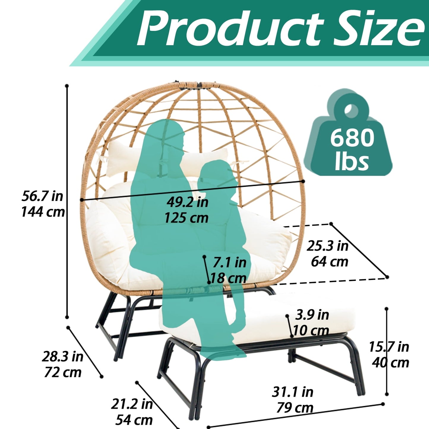 FKS LIFE 2 Person Egg Chair With Ottoman Cushion Large Egg Basket Chair With Footrest For Outdoor Indoor Patio Balcony Garden