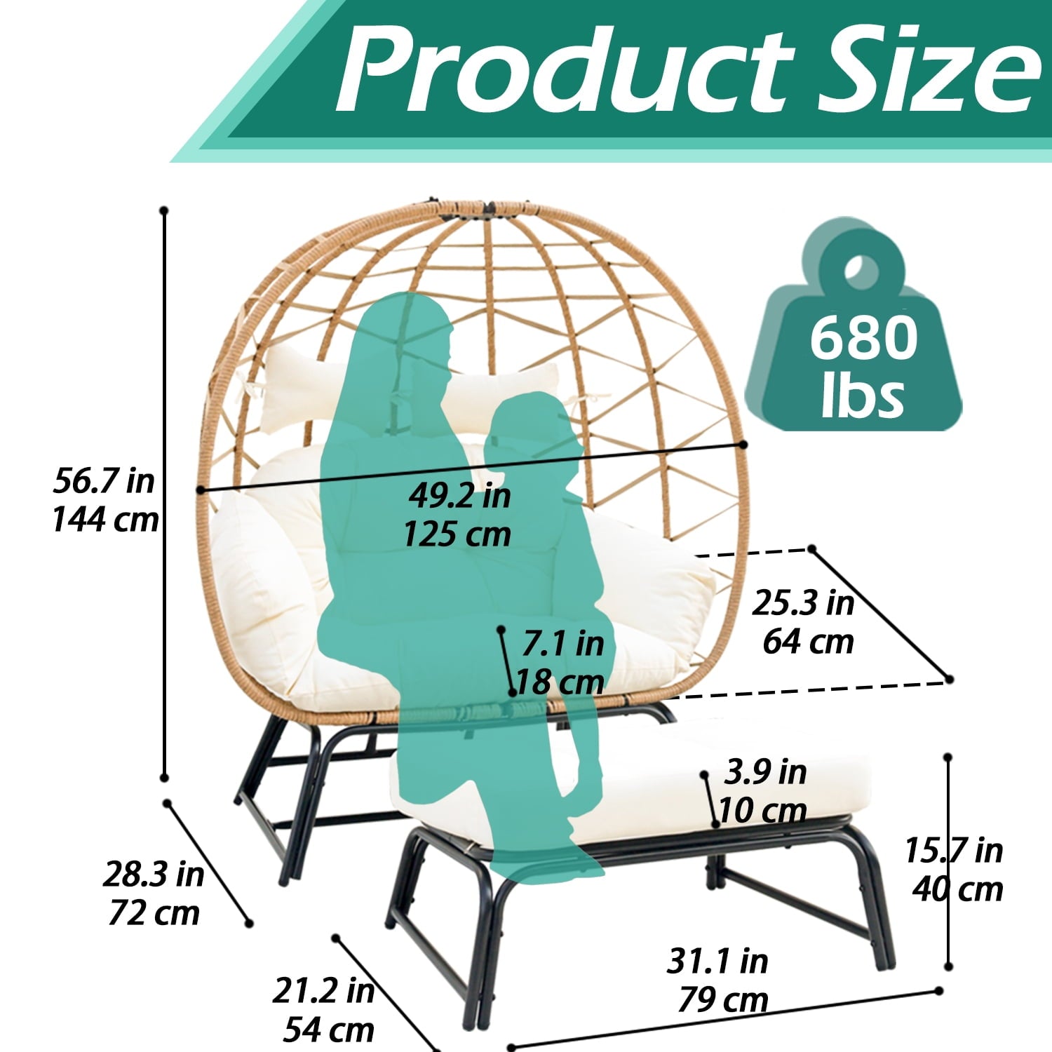 FKS LIFE 2 Person Egg Chair With Ottoman Cushion Large Egg Basket Chair With Footrest For Outdoor Indoor Patio Balcony Garden
