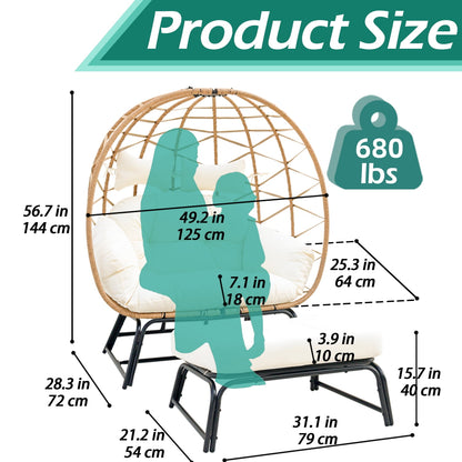 FKS LIFE 2 Person Egg Chair With Ottoman Cushion Large Egg Basket Chair With Footrest For Outdoor Indoor Patio Balcony Garden