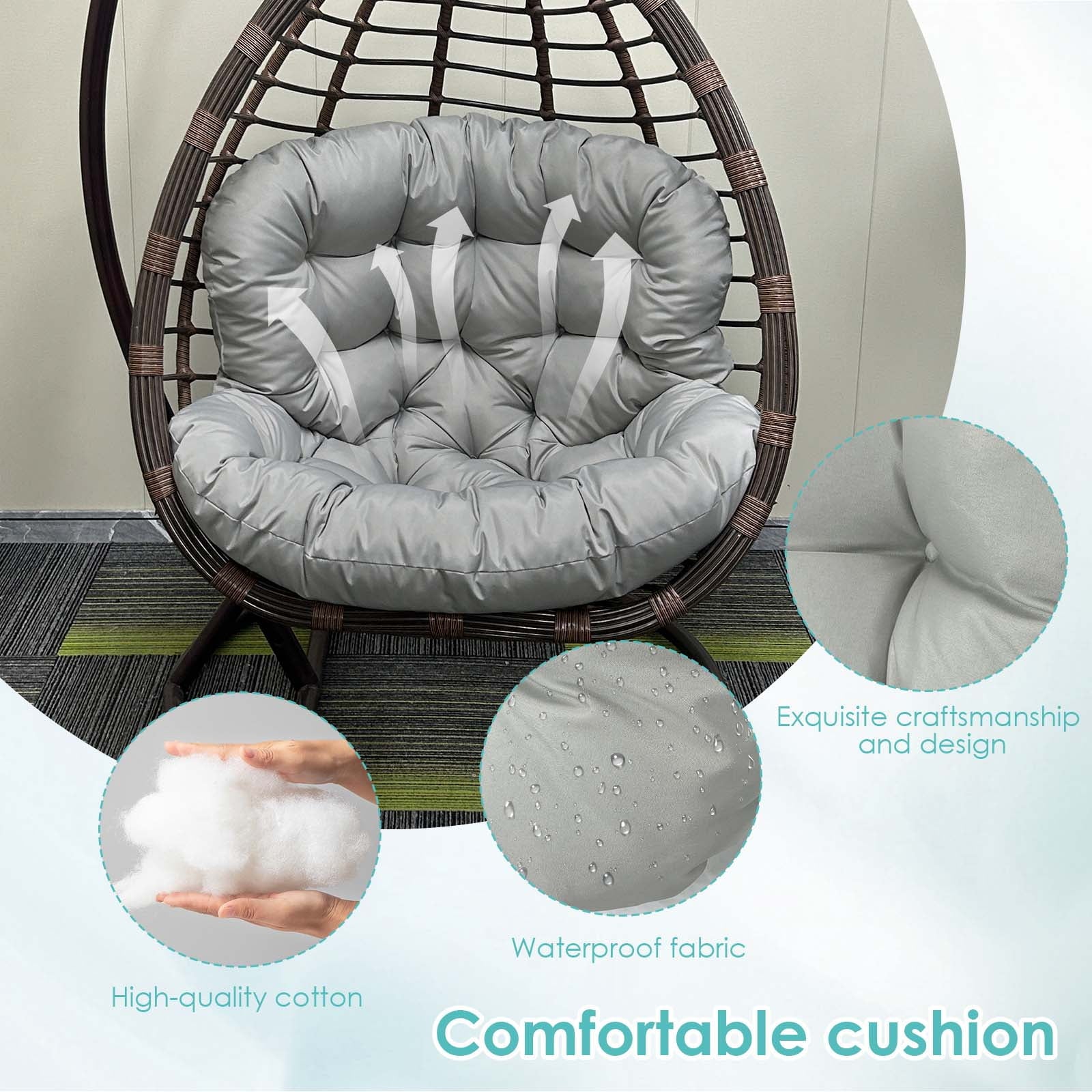 OKYUK Swing Egg Chair Cushion, Waterproof Rocking Chair Pad, Oversized Hammock Chair Pad, Multifunctional Wicker Egg Lounge Chair Soft Cushion Indoor Outdoor, Gray