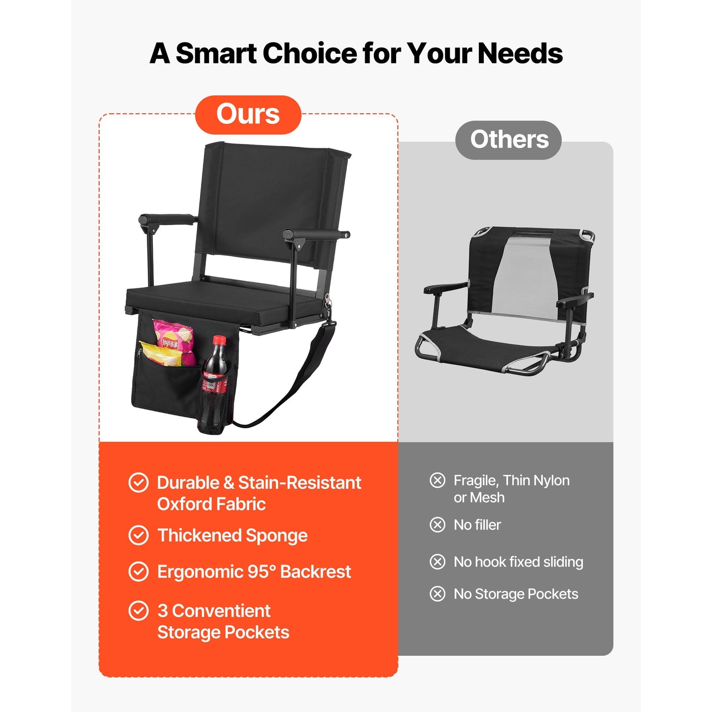 KFFKFF Portable Stadium Seat with Armrests, Back Support, and Padded Cushion, Bleacher Chair with Shoulder Strap, Hooks, and Cup Holder, Black Seat for Sports Events, 1PCS