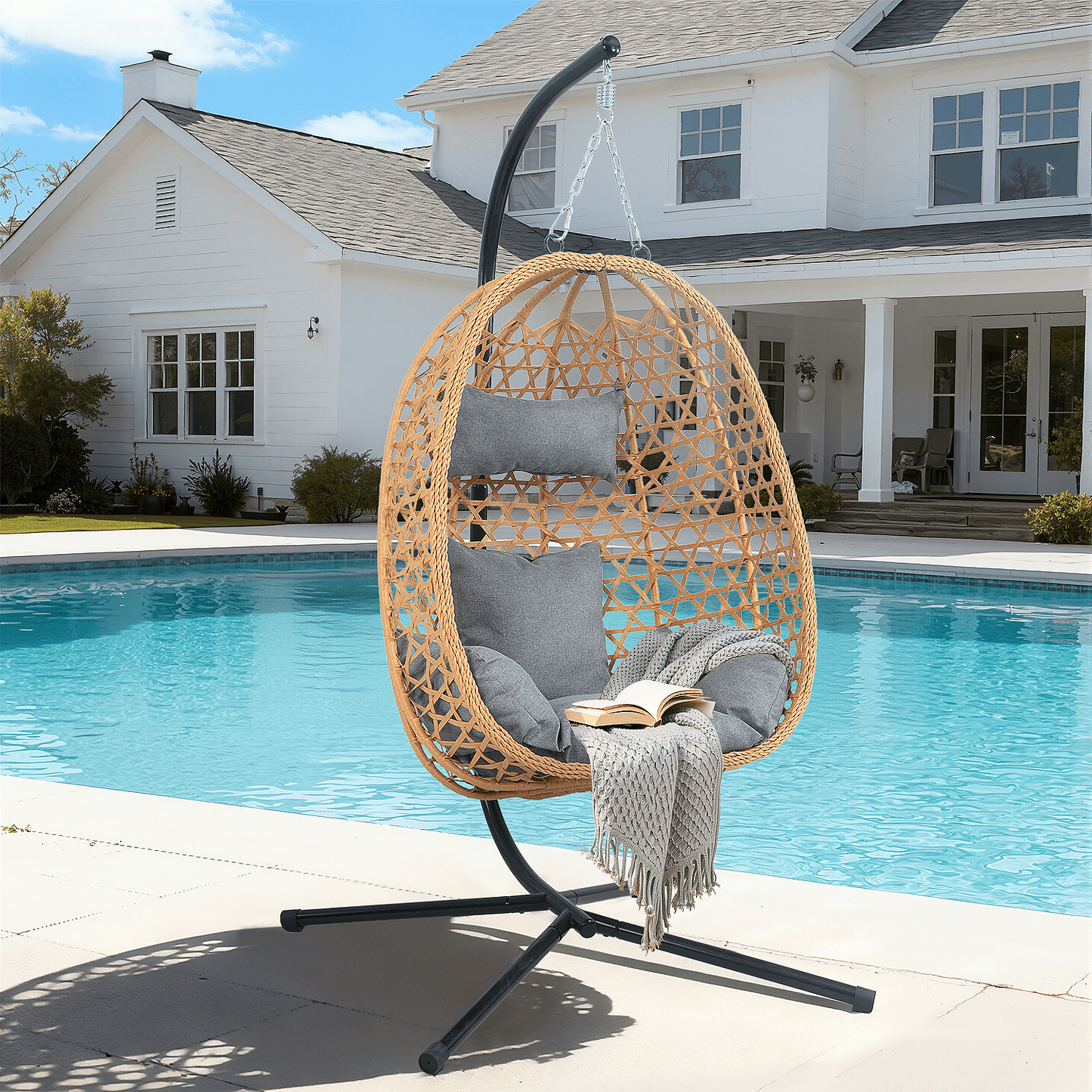 AstrPthylx Hanging Egg Chair with Stand - All-Weather Rattan Swing Chair & Cushions for Patio, Balcony, Garden, 350lb Capacity (Grey)