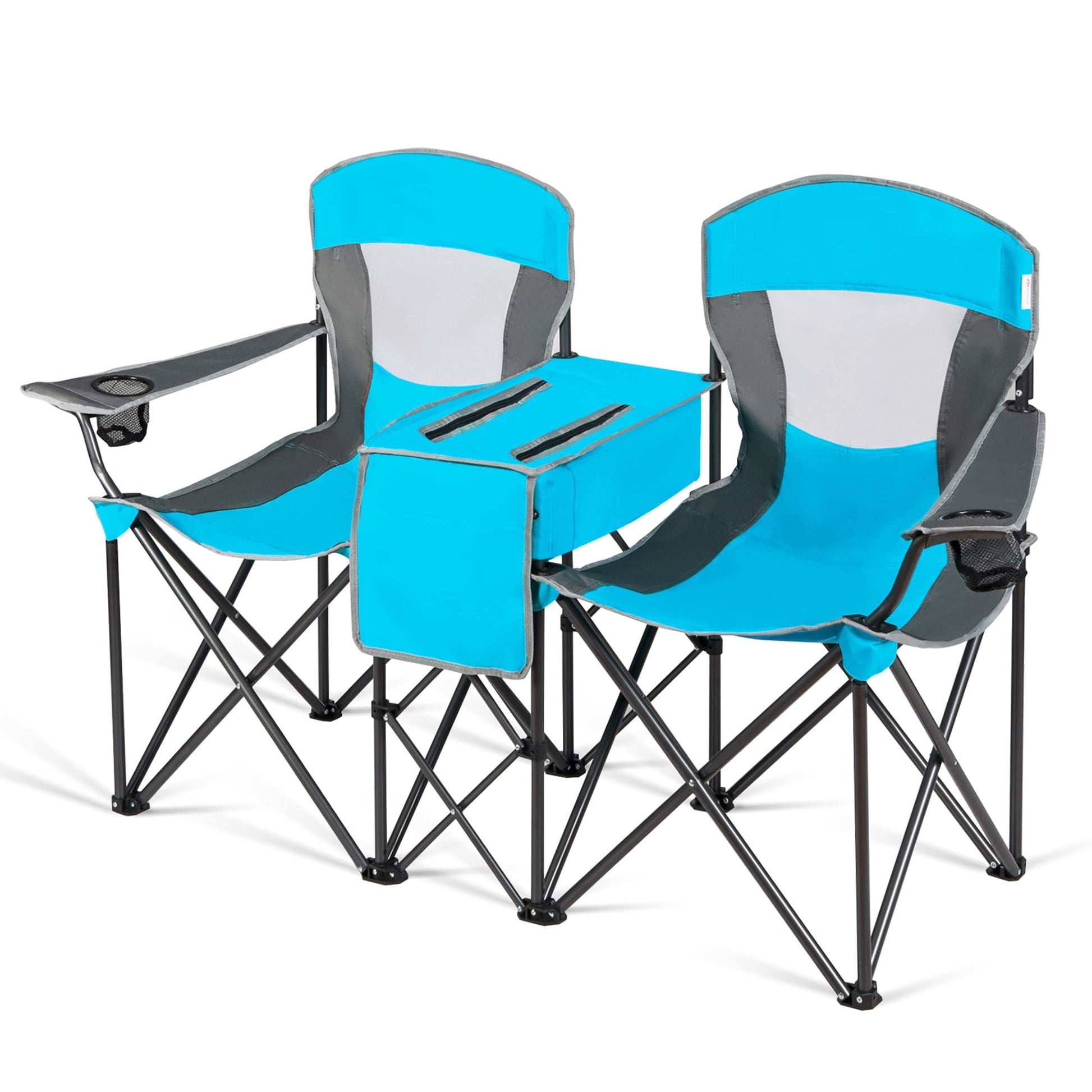 Gymax Folding 2-person Camping Chairs Double Sunshade Chairs w/ Canopy Patented Blue