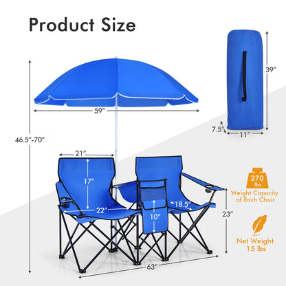 Costway Portable Camping Folding Picnic Double Chair W/Umbrella Table Cooler Beach Camping Chair