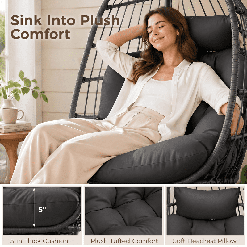RADIATA Outdoor Foldable Hanging Egg Chair with Stand, PE Wicker Indoor Outdoor Swing Chair with 5" Cushion and Headrest, 350 lbs Capacity, Dark Gray