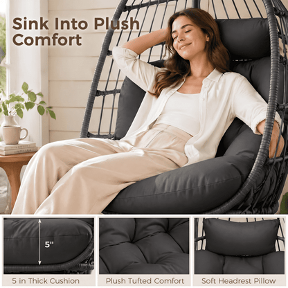 RADIATA Outdoor Foldable Hanging Egg Chair with Stand, PE Wicker Indoor Outdoor Swing Chair with 5" Cushion and Headrest, 350 lbs Capacity, Dark Gray