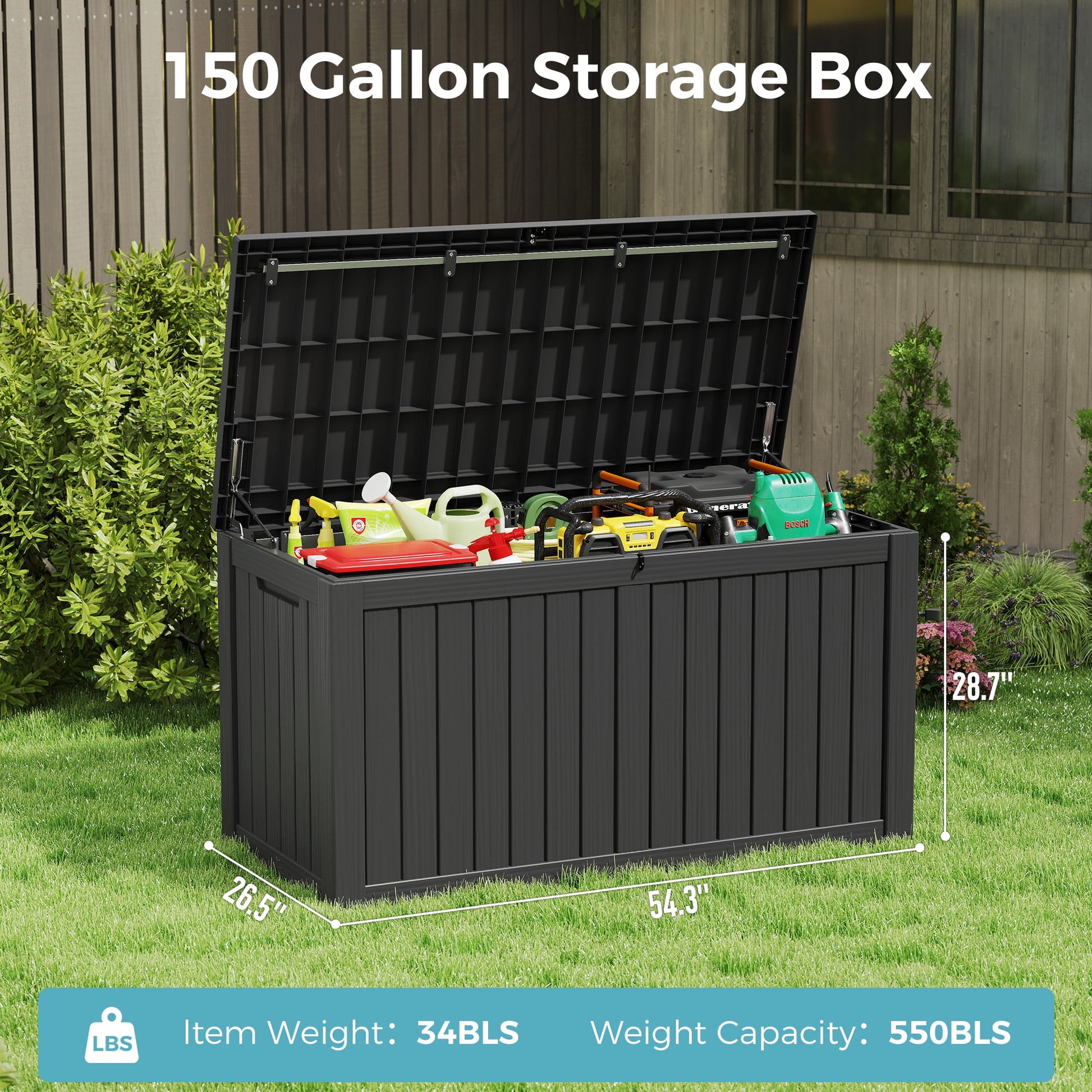 Bifanuo 150 Gallon Deck Box, Outdoor Storage Box, Large Waterproof Resin Indoor Storage Box with Built-in Steel Beams for Patio, Cushions, Pool Supplies