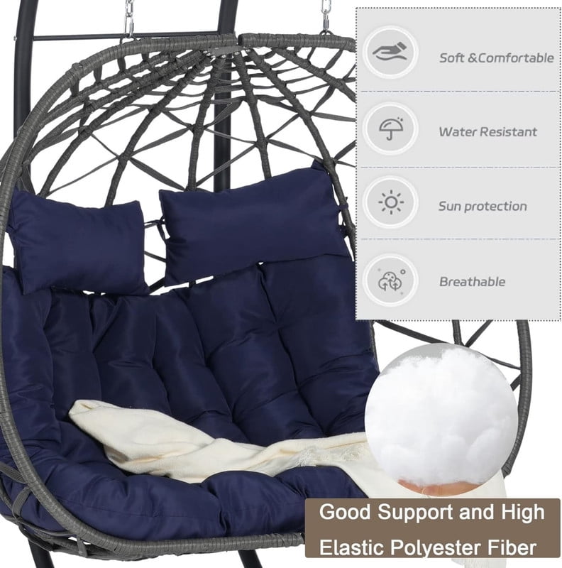 Double Swing Egg Chair with Stand, 2 Person Indoor Outdoor Wicker Loveseat, Oversized Patio Hanging Basket Chair with Cushions, Cozy Sturdy Porch Swing for Backyard